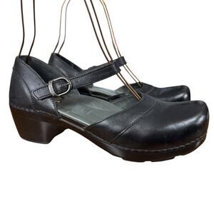 Dansko Sally Clogs Ankle Strap Chunky Heel Black Leather Womens Shoes 40 9.5 10